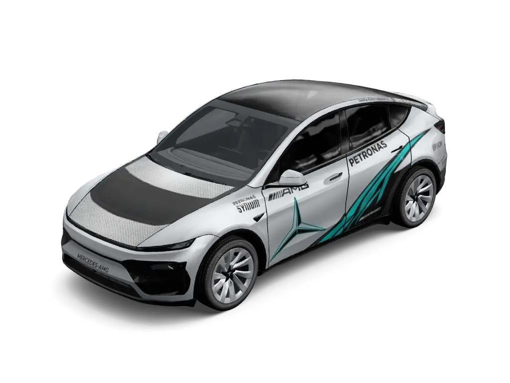 Silver Arrow Mercedes F1 Tribute Tesla Model Y Juniper Premium wrap - Motorsport wrap inspired by Mercedes F1 Silver Arrows, featuring liquid metallic...