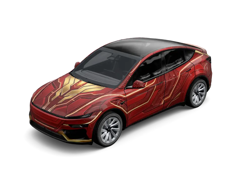 Iron Man Mark Armor Crimson Tesla Model Y Juniper Premium wrap - Metallic hot-rod red and polished gold two-tone automotive wrap inspired by Iron...
