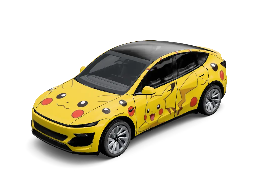 Pikachu Thunderbolt Electric Surge Tesla Model Y Juniper Premium wrap - Vibrant electric yellow automotive wrap celebrating Pokemon Pikachu, featuring l...