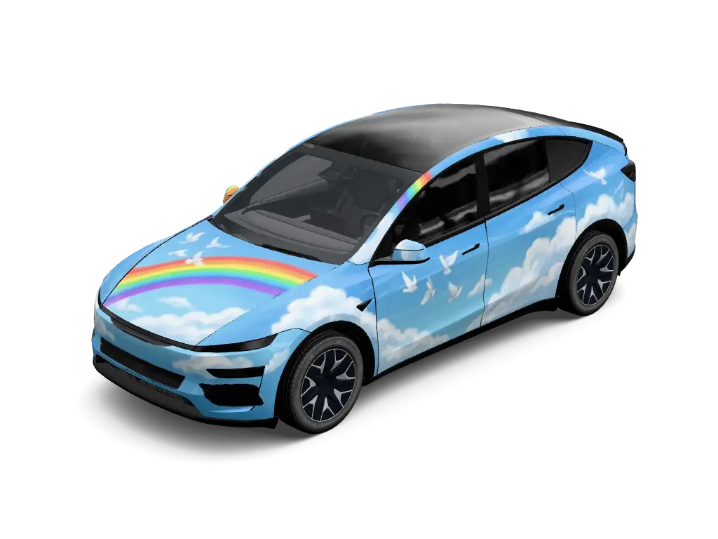 Rainbow Sky Peaceful Doves Tesla Model Y L wrap - Serene azure blue vinyl wrap featuring soft illustrated white cumulus clouds, a ...