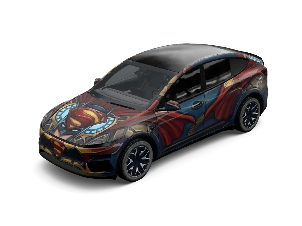 Trinity Superhero Comic Clash Tesla Model Y L wrap - Midnight blue and blazing orange comic crossover wrap featuring heroic action si...