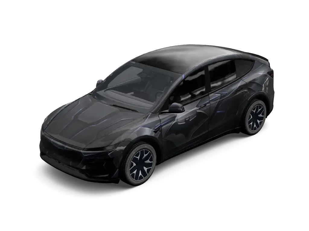 Dark Knight Stealth Interceptor Tesla Model Y L wrap - Satin matte midnight charcoal wrap channeling Batman's Tumbler Batmobile, featur...