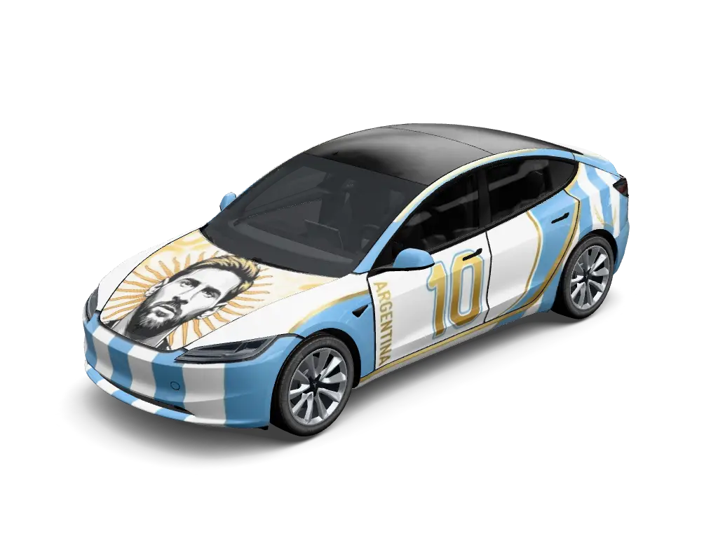 Messi 10 Argentina World Cup Tesla Model 3 Highland wrap - Sky blue and white vertical soccer jersey stripes honoring Lionel Messi, featuri...