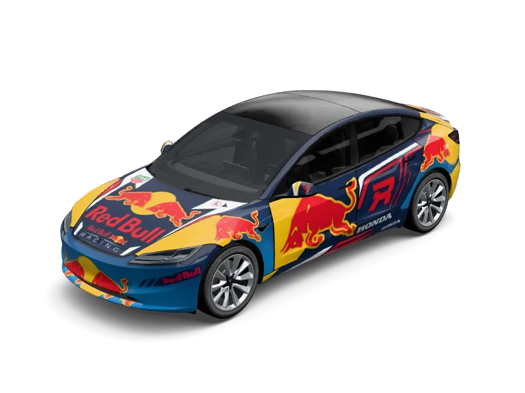 Red Bull Grand Prix Charge Tesla Model 3 Highland wrap - Matte midnight navy racing wrap featuring the iconic charging red bulls in front...
