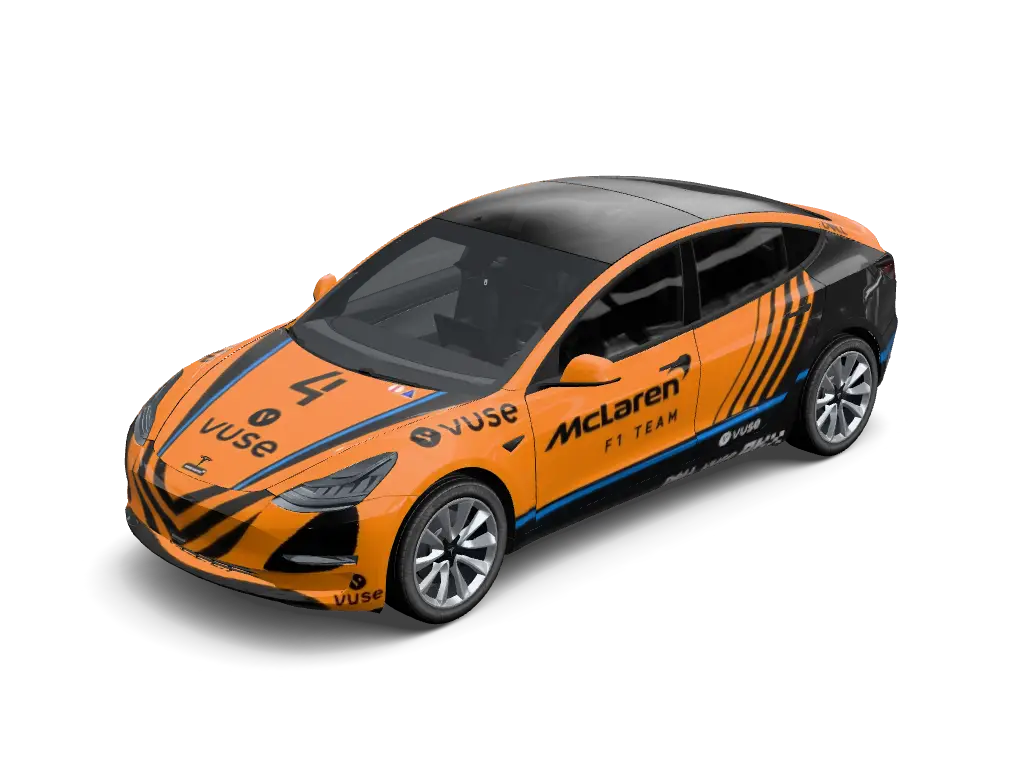 Papaya McLaren F1 Livery Tesla Model 3 (Classic) wrap - High-visibility Papaya Orange and satin black Formula 1 inspired livery, featuri...