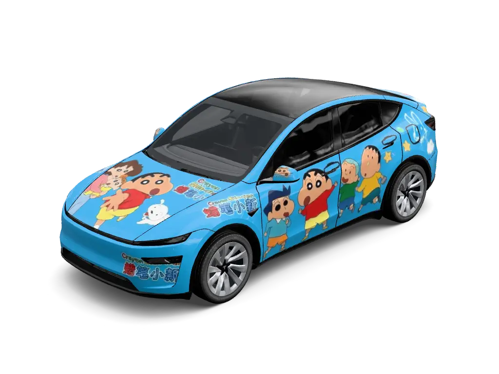 Crayon Shin-chan Sky Blue Pop Livery Tesla Model Y Juniper Premium wrap - Light powder blue automotive wrap featuring colorful sticker collages of a rambu...