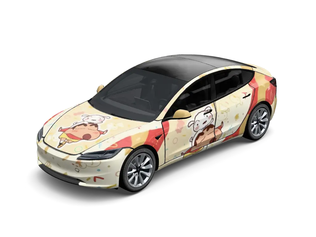 Crayon Shin-chan Cheeky Chibi Tesla Model 3 Highland wrap - Warm cream base vinyl wrap patterned with classic mischievous Crayon Shin-chan c...