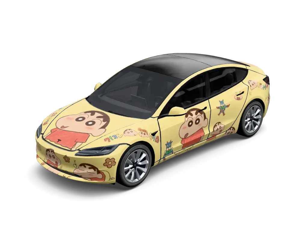 Crayon Shin-chan Buttercup Chibi Tesla Model 3 Highland wrap - Soft buttercup yellow base vinyl wrap featuring large illustrated Crayon Shin-ch...