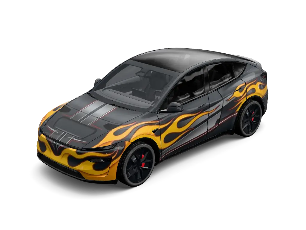 Mountain Gray Matte Hot Fire Tesla Model Y Juniper Performance wrap - Satin mountain gray automotive wrap accented by vibrant golden-yellow and orange...