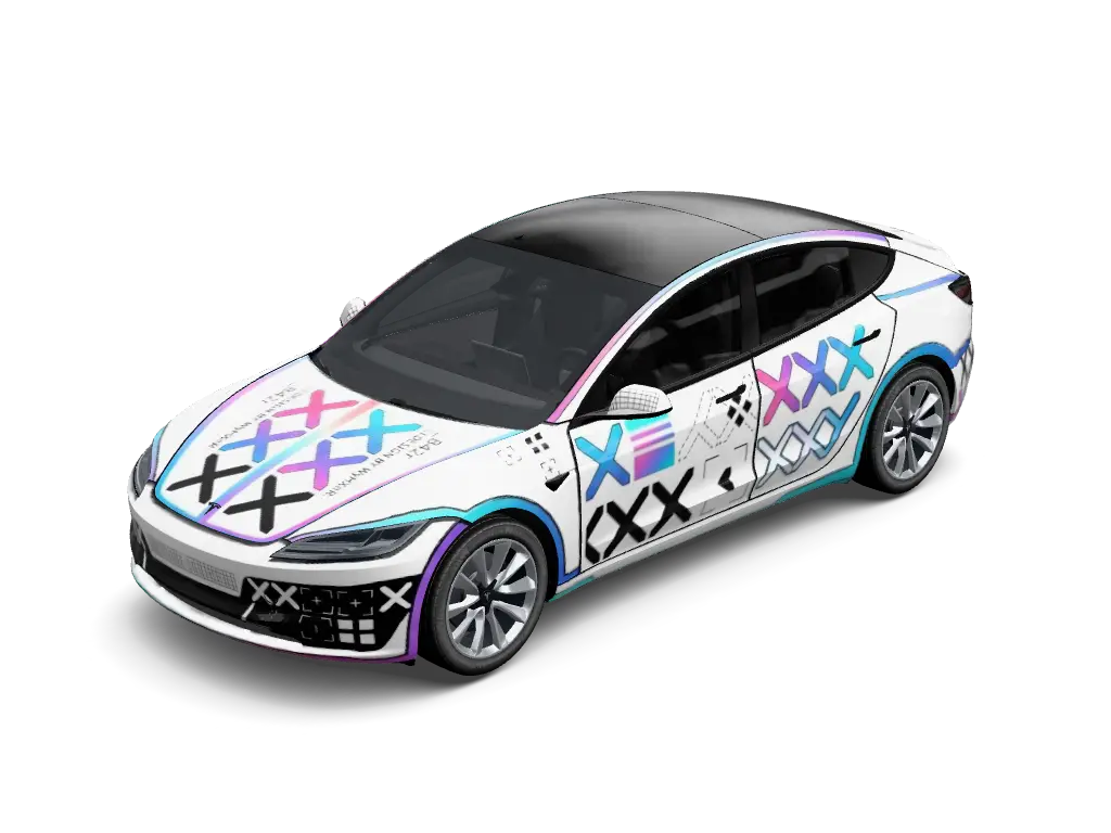 Geometric Crossline Sport Livery Tesla Model 3 Highland wrap - Crisp white base vinyl wrap featuring dynamic intersecting geometric cross lines...