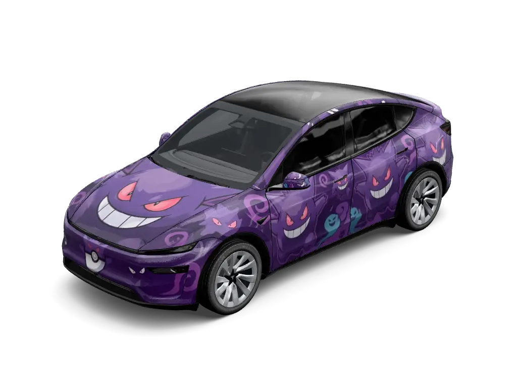 Gengar Shadow Mischief Purple Tesla Model Y Juniper Premium wrap - Deep sinister purple satin wrap featuring large illustrated Pokemon Gengar chara...