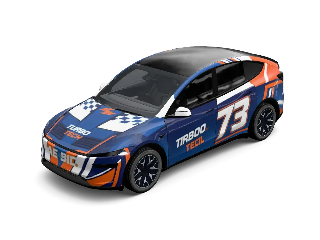 Blue Circuit Number 73 Tesla Model Y L wrap - Create a blue touring-car-inspired wrap with large white number 73 graphics on t...