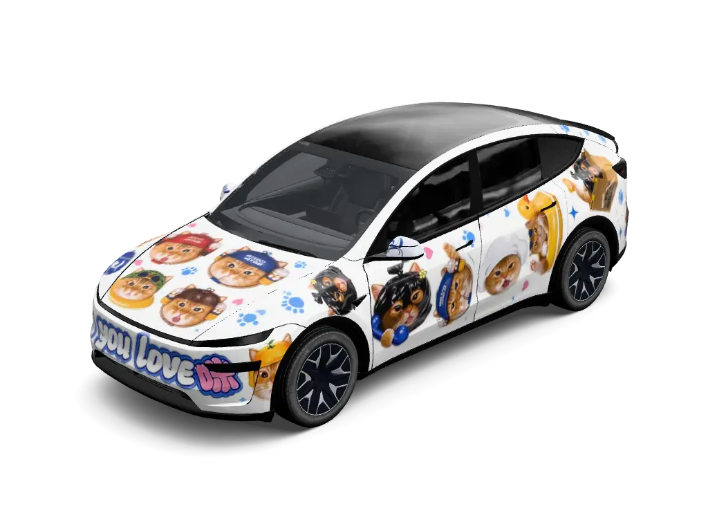 Playful Puppy Comic Stickerbomb Tesla Model Y L wrap - Clean white base automotive wrap decorated with an engaging collage of cute illu...