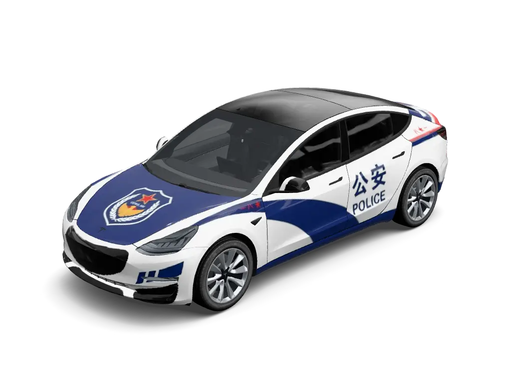 Municipal Highway Police Storm Tesla Model 3 (Classic) wrap - Crisp white and deep navy blue police patrol wrap featuring public security door...