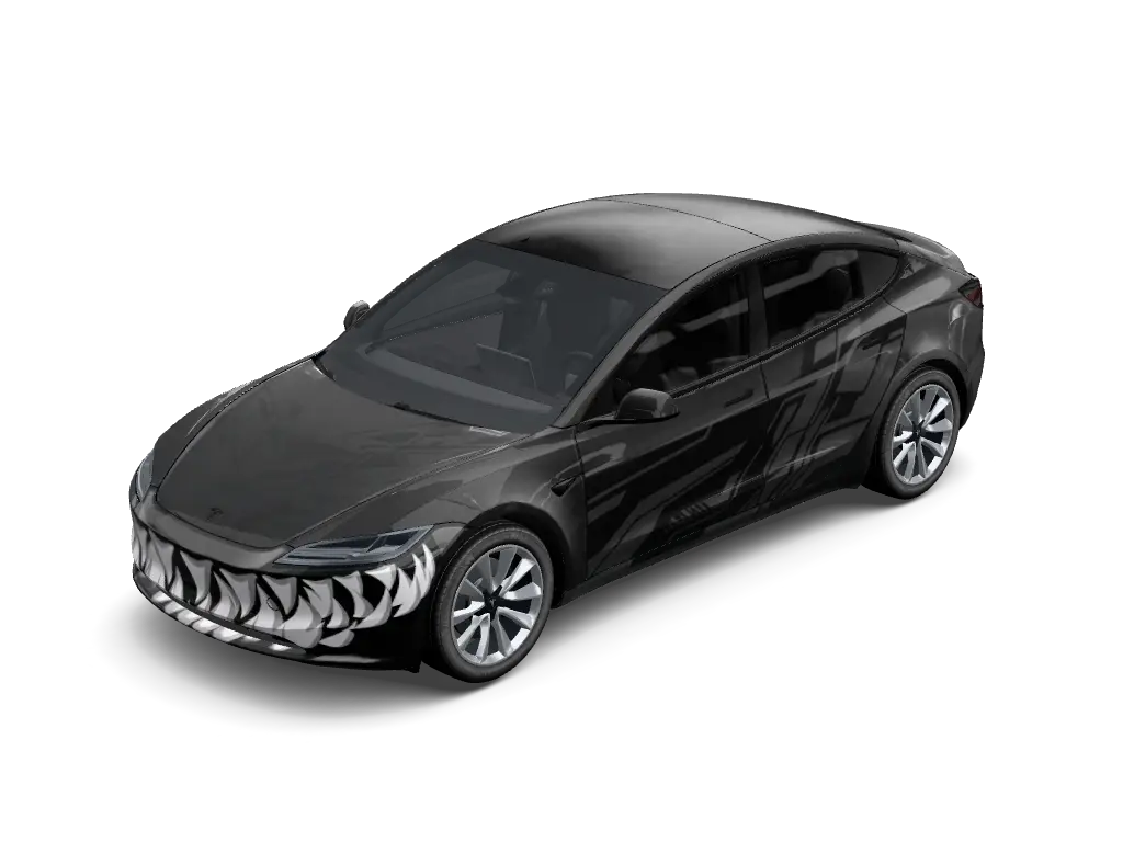 Gloss Black Predator Fang Tesla Model 3 Highland wrap - High-gloss deep obsidian black vinyl wrap featuring an aggressive white predator...