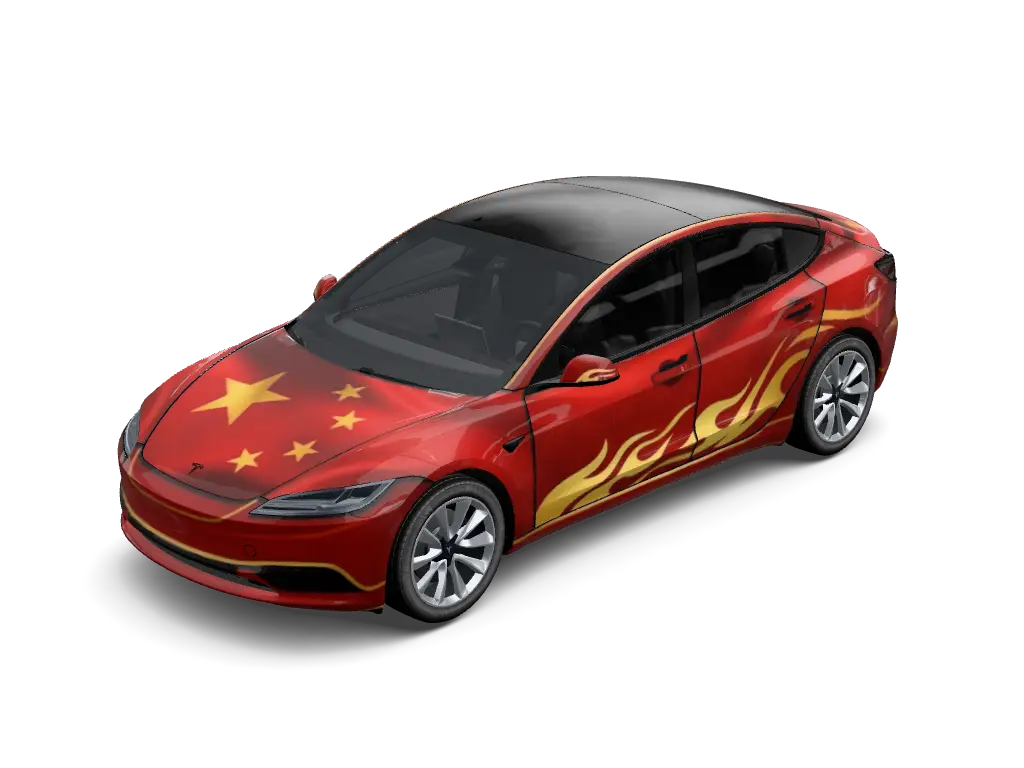 Five-Star Crimson Gold Tribute Tesla Model 3 Highland wrap - High-gloss national flag crimson red vinyl wrap featuring large radiant yellow-g...