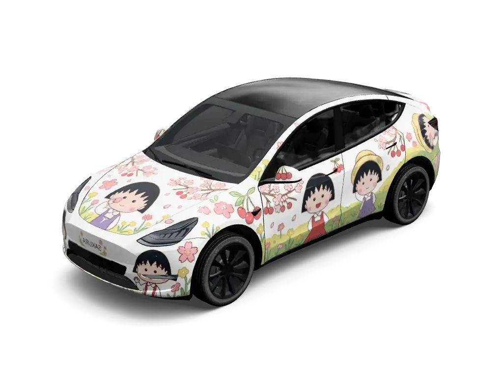 Chibi Maruko Energetic Chibi Tesla Model Y (Classic) wrap - Clean white base vinyl wrap decorated with expressive Chibi Maruko-chan characte...