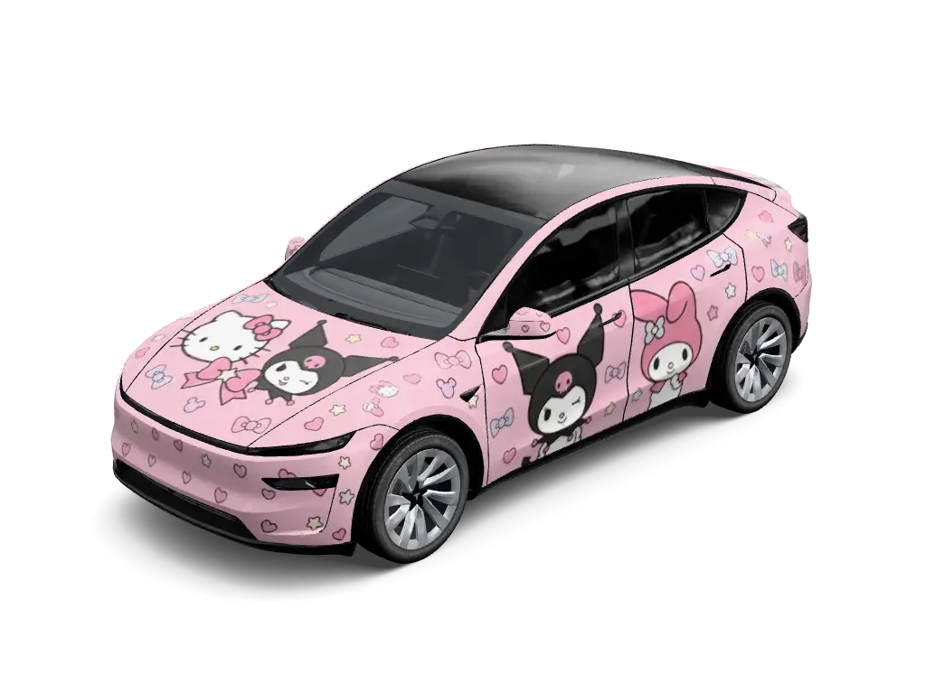 Sanrio Sweetheart Pastel Collage Tesla Model Y Juniper Premium wrap - Full-body soft pastel pink vinyl wrap adorned with illustrated character portrai...