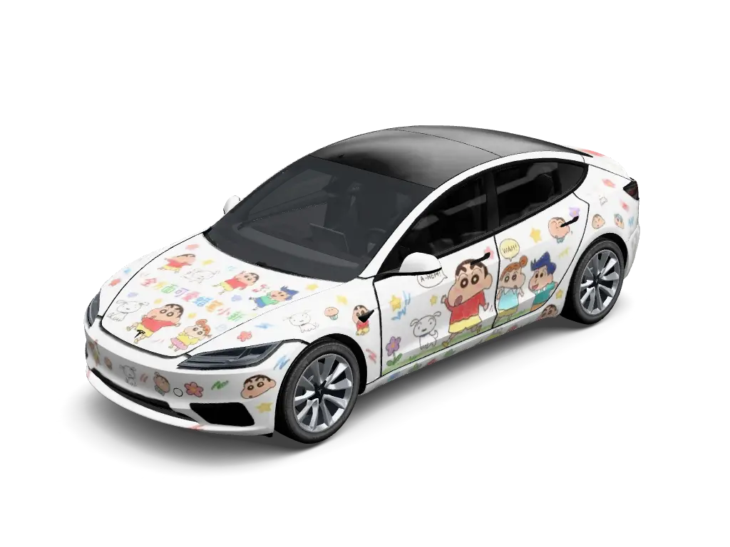 Crayon Shin-chan Cheeky Chibi Mashup Tesla Model 3 Highland wrap - Clean white base vinyl wrap patterned with classic mischievous Crayon Shin-chan ...