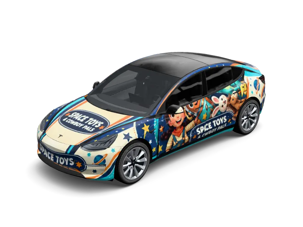Toy Story Space Ranger Cowboy Tesla Model 3 (Classic) wrap - Create a blue and cream Toy Story inspired vehicle wrap with illustrated Woody a...