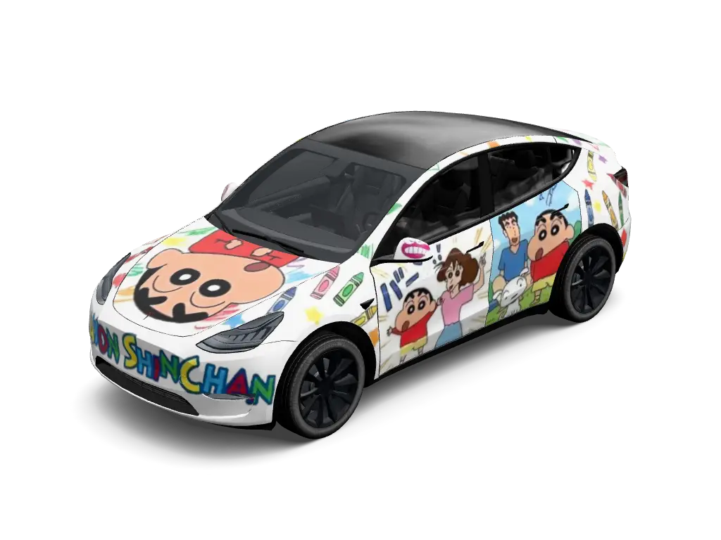 Pop Art Cartoon Face Mashup Tesla Model Y (Classic) wrap - Crisp white base vinyl wrap decorated with an engaging colorful collage of quirk...
