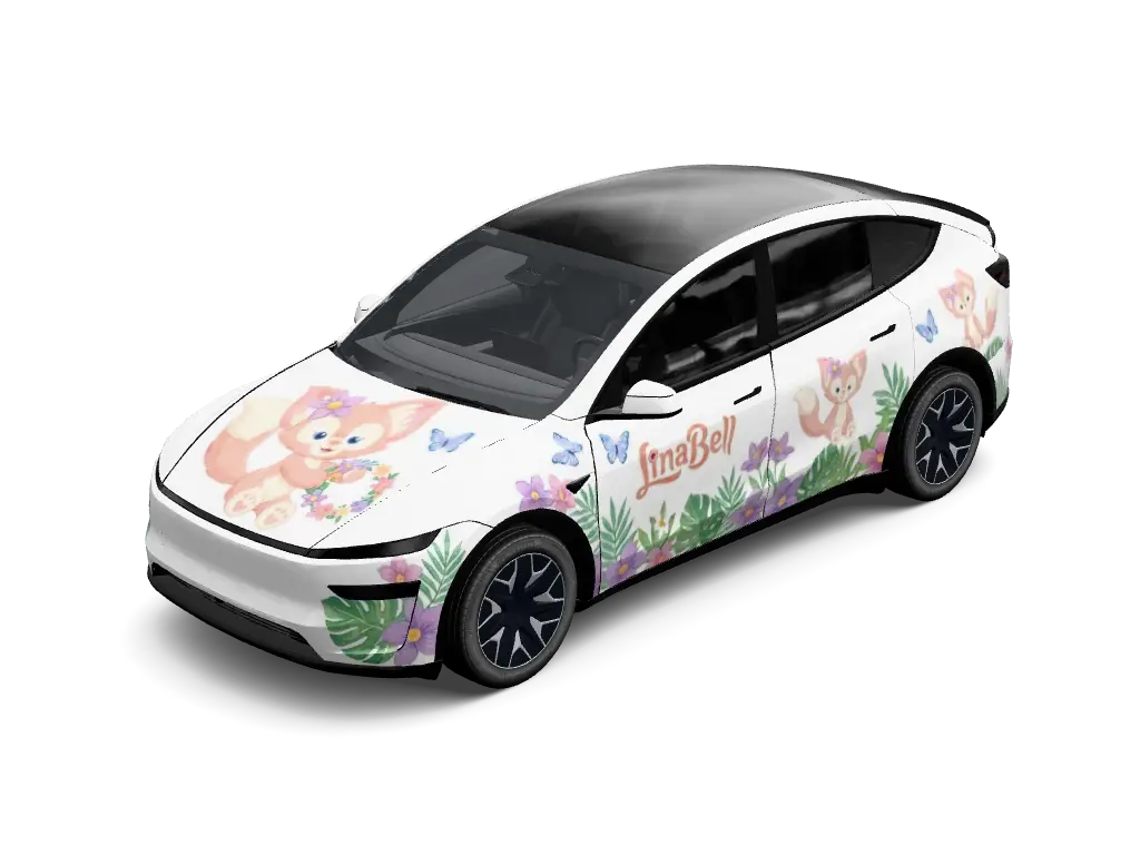 Pastel Mascot Storybook Garden Tesla Model Y L wrap - Pure white base automotive wrap decorated with gentle pastel illustrated animal ...