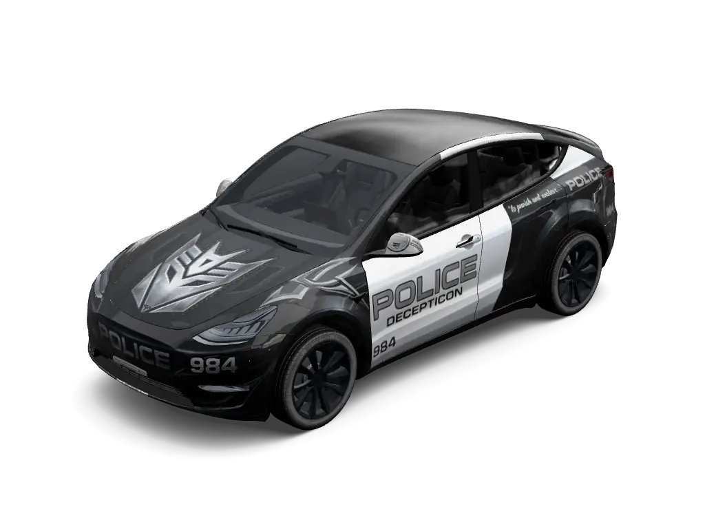 Barricade Decepticon Interceptor Tesla Model Y (Classic) wrap - Matte stealth gray and black police interceptor wrap featuring Transformers Barr...