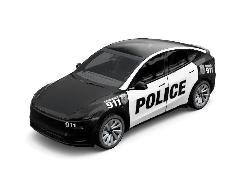 American 911 Police Cruiser Tesla Model Y Juniper Premium wrap - Traditional black and white American police interceptor wrap featuring gloss bla...