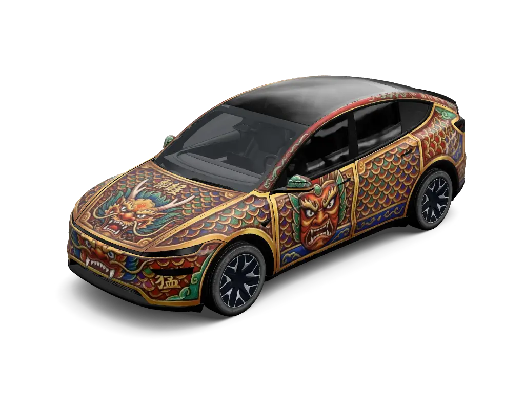 Imperial Dragon Armor Guard Tesla Model Y L wrap - Dark charcoal matte wrap overlaid with elaborate imperial gold scale armor textu...