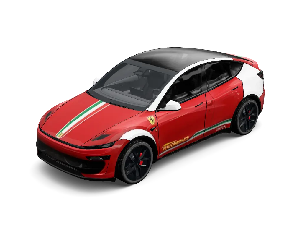 Scuderia Tricolore Italian Red Tesla Model Y Juniper Performance wrap - Gloss Rosso Corsa crimson red wrap featuring the iconic green, white, and red It...