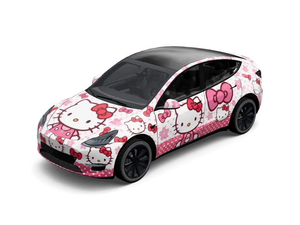 Hello Kitty Sweet Bow Blossom Tesla Model Y (Classic) wrap - Pure white and baby pink gloss wrap adorned with a repeating pattern of cute Hel...