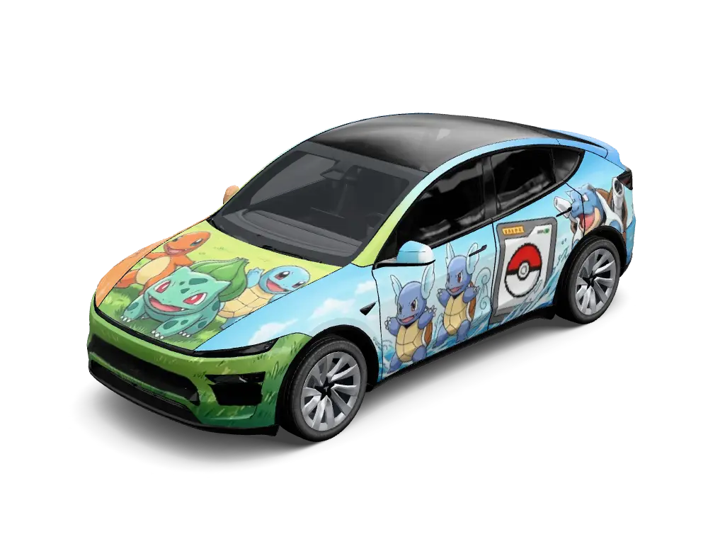 Pokemon Kanto Starter Trio Tesla Model Y Juniper Premium wrap - Pastel sky blue and leaf green automotive wrap featuring illustrated character a...