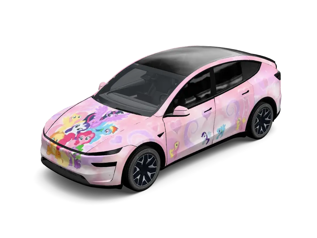 Sweet Mascot Pastel Dreamscape Tesla Model Y L wrap - Soft pastel baby pink wrap featuring an illustrated smiling cartoon mascot cente...
