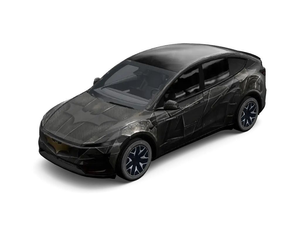 Gotham Batmobile Tactical Armor Tesla Model Y L wrap - Textured matte carbon black and gunmetal wrap inspired by the Dark Knight Batmob...