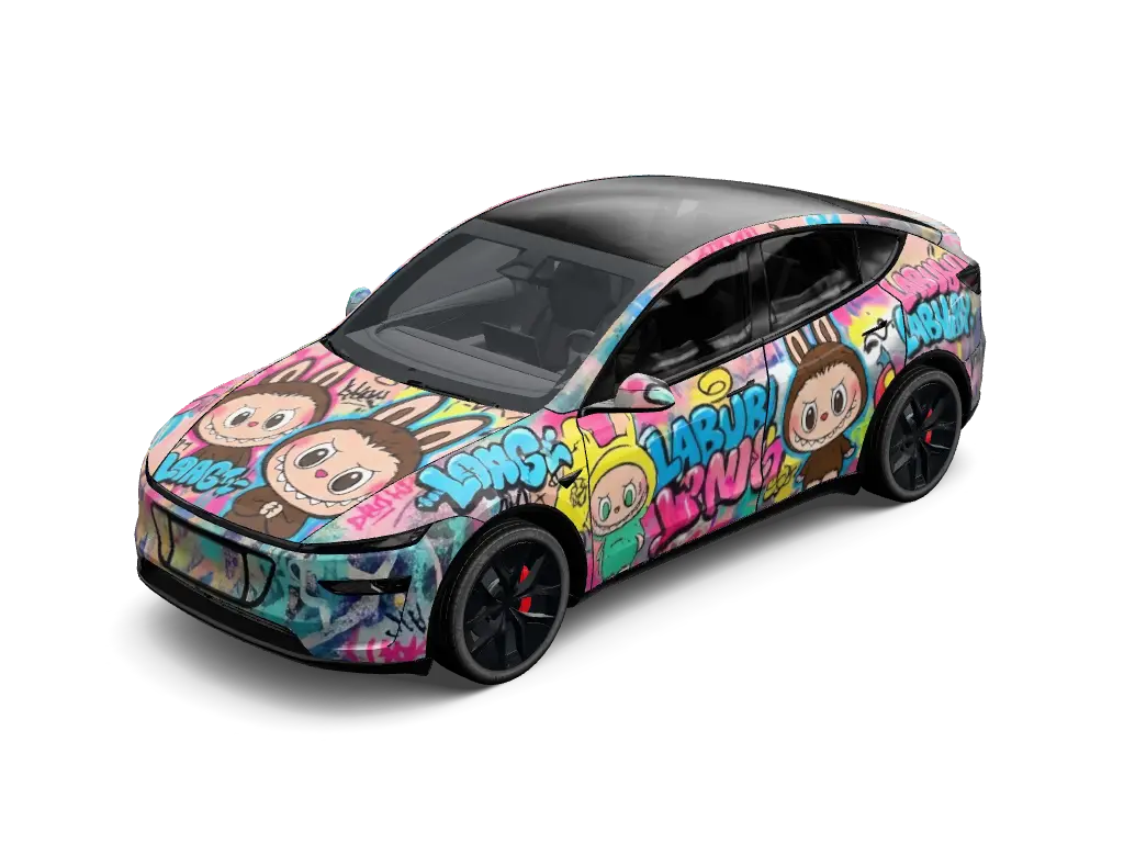Labubu Street Monster Graffiti Tesla Model Y Juniper Performance wrap - Densely packed street graffiti wrap showcasing Pop Mart Labubu monster character...