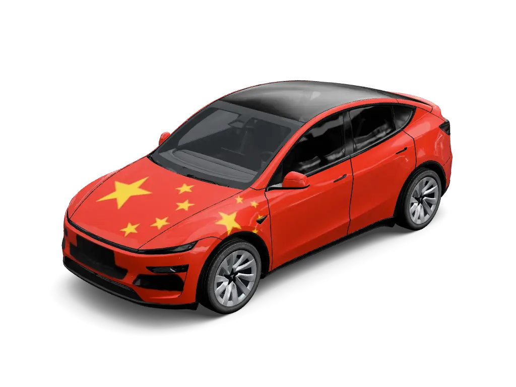 Crimson Star National Tribute Tesla Model Y Juniper Premium wrap - High-gloss national flag crimson red vinyl wrap featuring large radiant yellow-g...