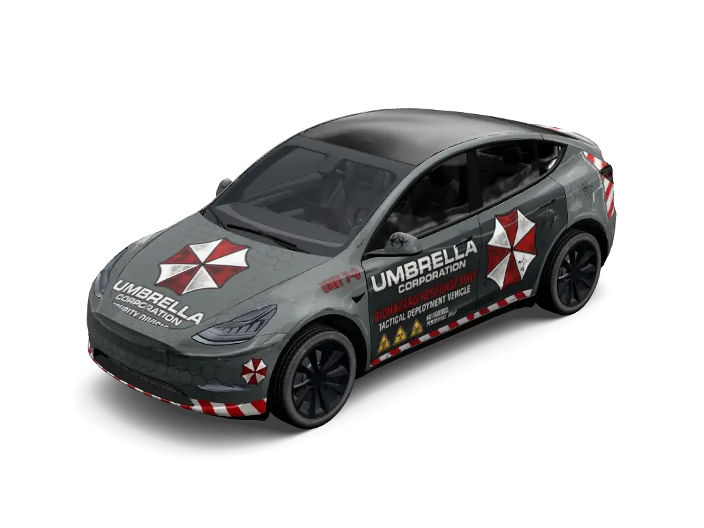 Umbrella Corp Biohazard Patrol Tesla Model Y (Classic) wrap - Matte tactical gray military response wrap featuring bold red and white Umbrella...