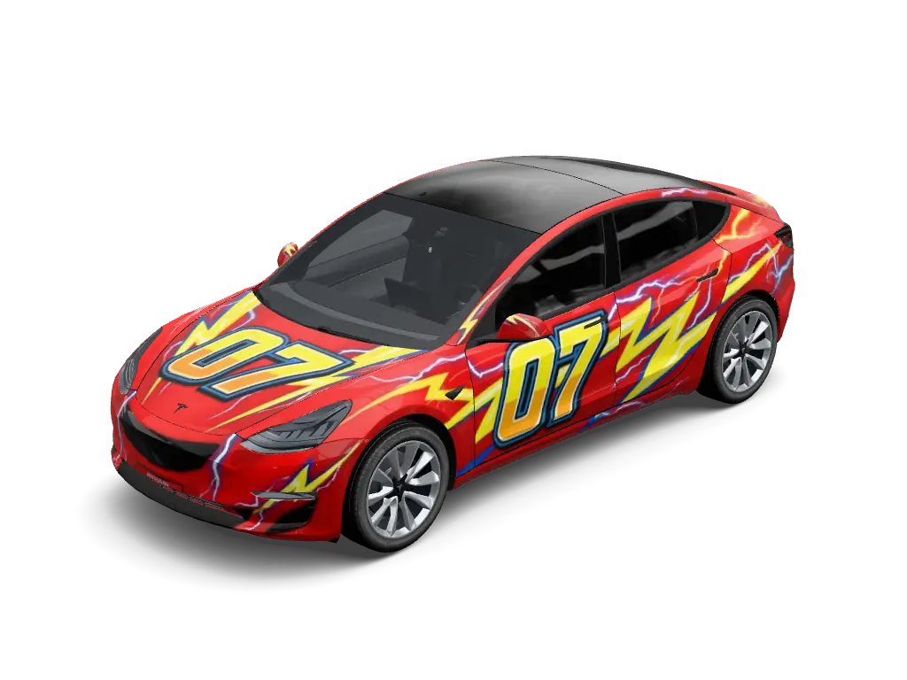 Lightning McQueen Inspired Racer 007 Tesla Model 3 (Classic) wrap - Create a red Cars inspired racing wrap with large yellow lightning flashes on th...