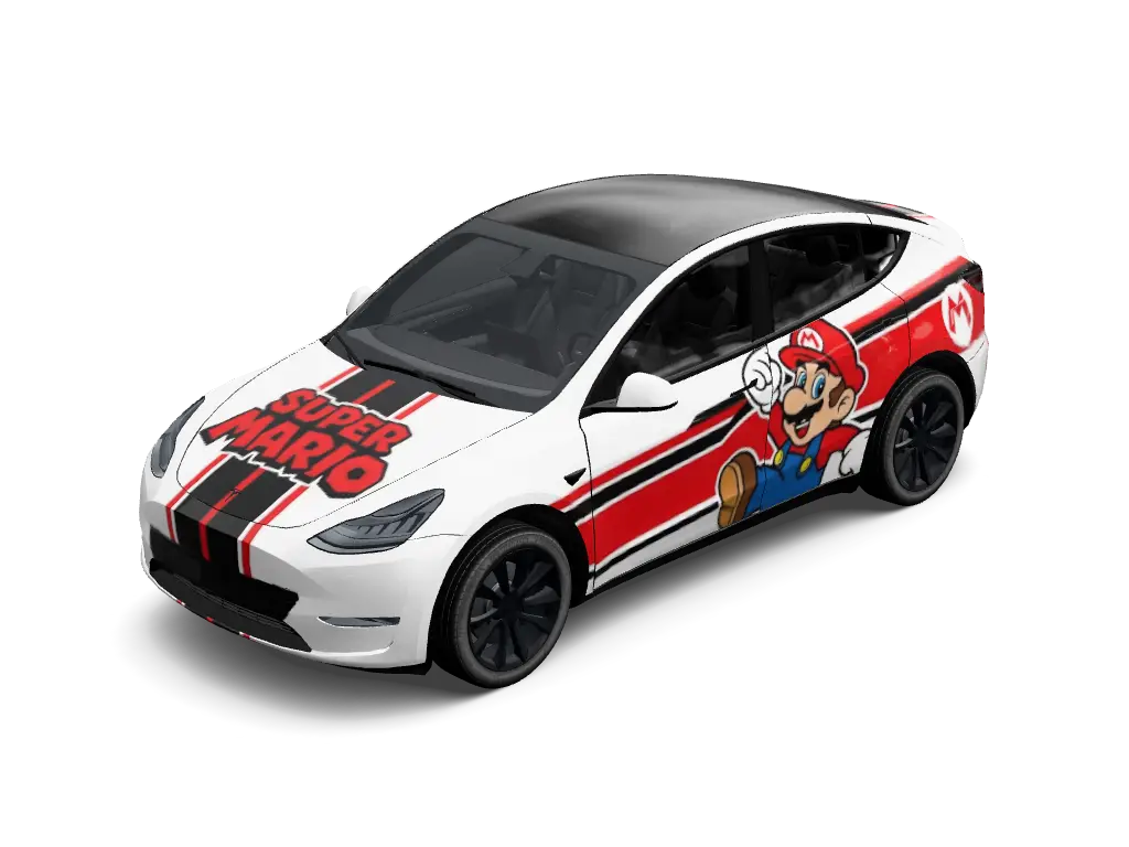 Super Plumber Grand Prix Tesla Model Y (Classic) wrap - Bold crimson red and pure white racing wrap featuring illustrated cartoon plumbe...