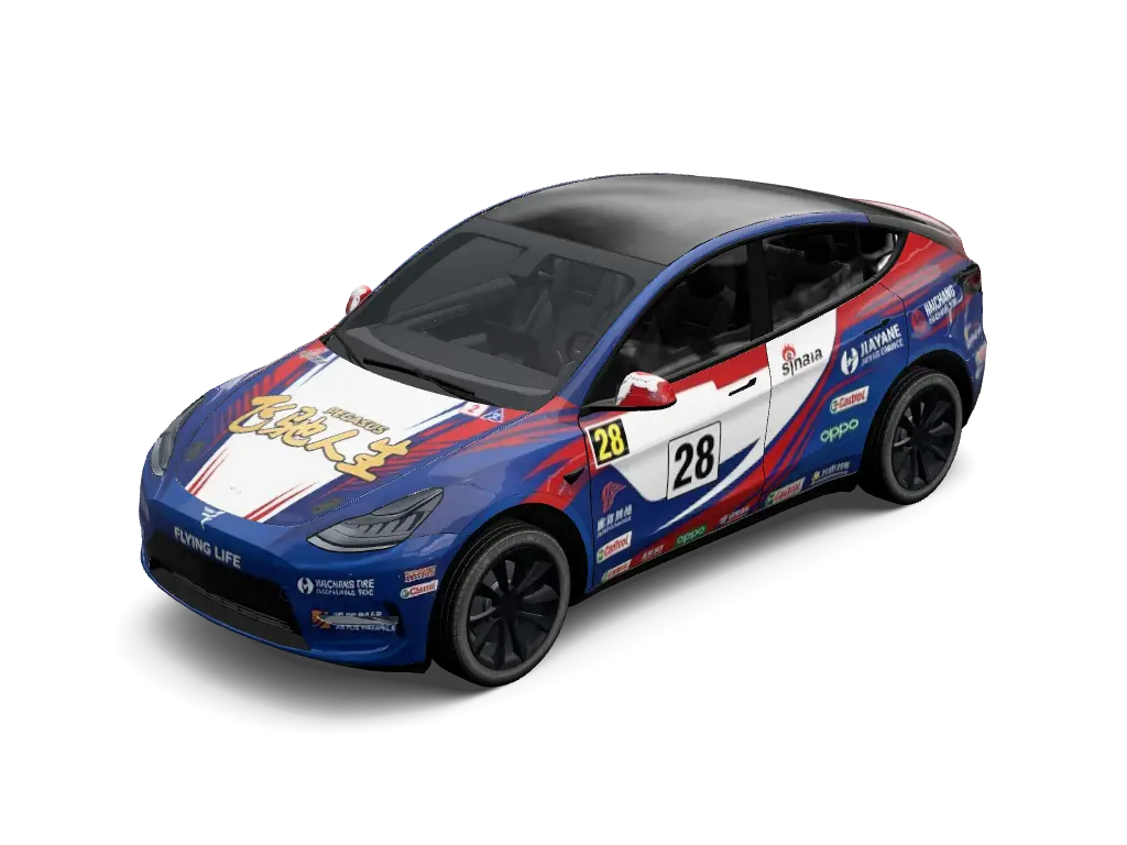 Pegasus Rally Number 28 Circuit Tesla Model Y (Classic) wrap - Electric royal blue and vibrant purple rally racing wrap featuring dynamic aerod...