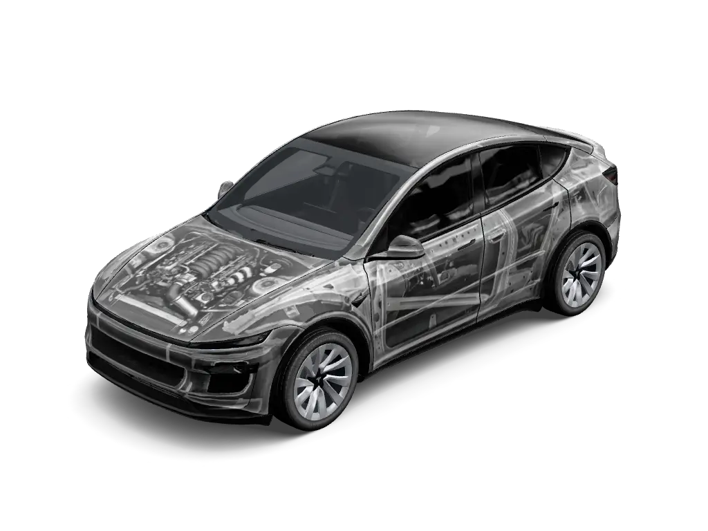 X-Ray Mechanical Blueprint Illusion Tesla Model Y Juniper Premium wrap - Create a grayscale vehicle wrap with illustrated mechanical components and techn...