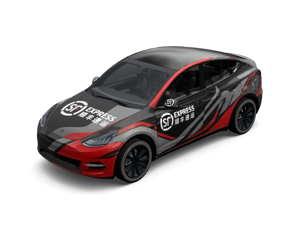 SF Express Lightning Delivery Tesla Model Y (Classic) wrap - Fleet courier-style commercial wrap featuring charcoal gray, clean white, and vi...