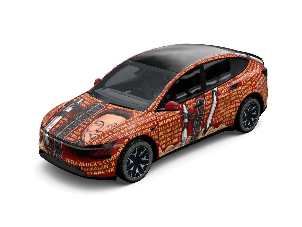 SpaceX Mechazilla Starship Catch Tesla Model Y L wrap - Rocket flame orange and graphite gray wrap celebrating SpaceX Starship booster c...