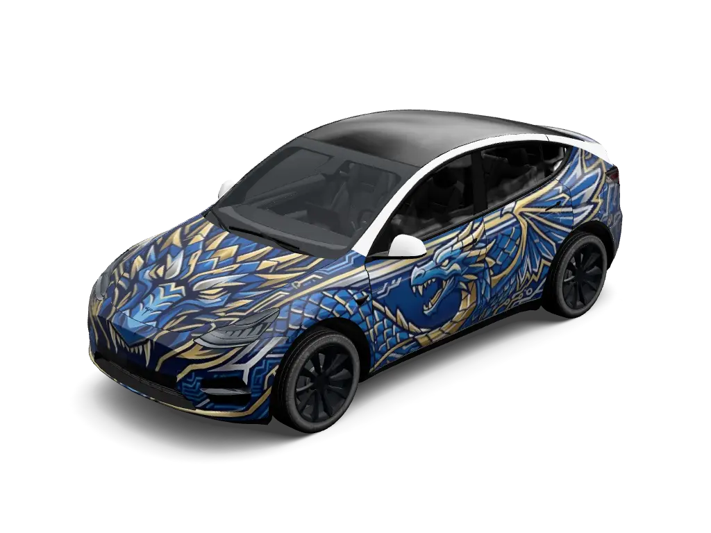 Golden Dragon Night Current Tesla Model Y (Classic) wrap - Create a dark blue vehicle wrap covered with flowing gold dragon-inspired linewo...