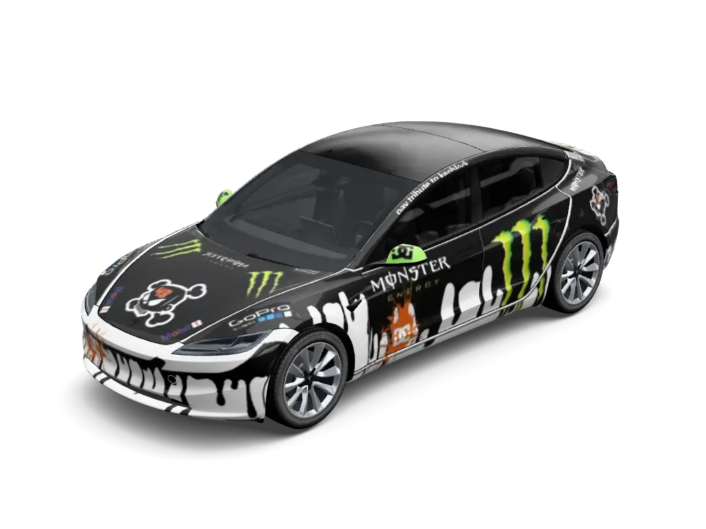 Monster Energy Fanged Racer Tesla Model 3 Highland wrap - Create a black motorsport-style wrap featuring Monster Energy green claw emblems...