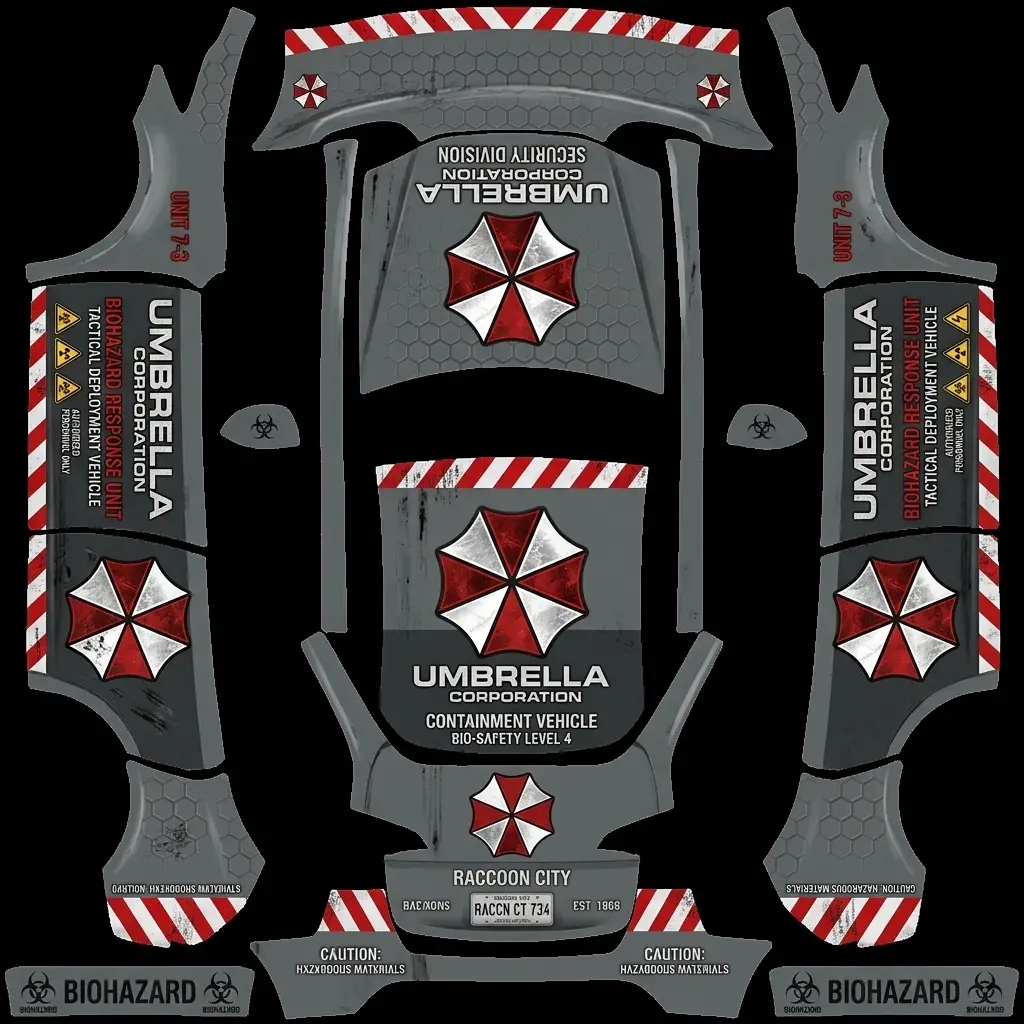 Umbrella Corp Biohazard Patrol Tesla Model Y (Classic) wrap texture - Matte tactical gray military response wrap featuring bold red and white Umbrella Corporation octagon