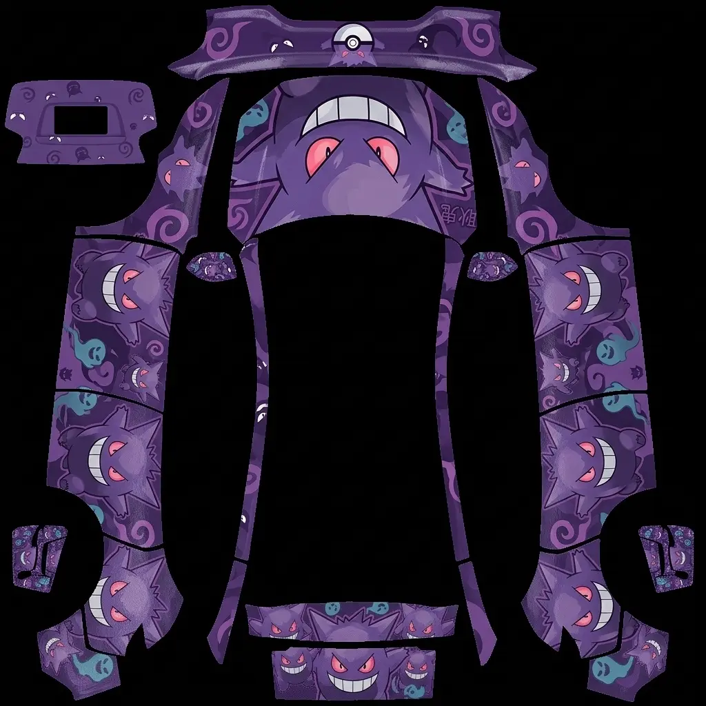 Gengar Shadow Mischief Purple Tesla Model Y Juniper Premium wrap texture - Deep sinister purple satin wrap featuring large illustrated Pokemon Gengar character art on the side