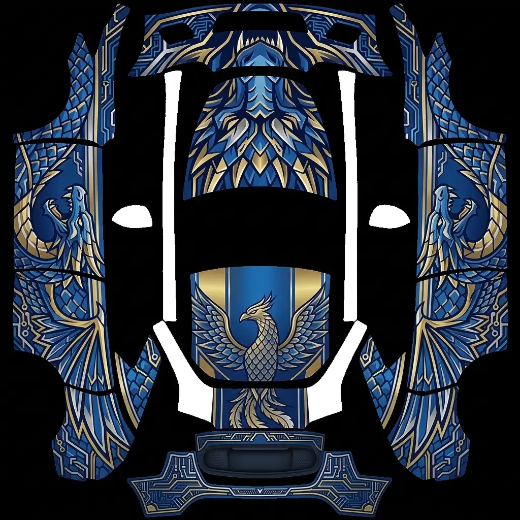 Golden Dragon Night Current Tesla Model Y (Classic) wrap texture - Create a dark blue vehicle wrap covered with flowing gold dragon-inspired linework. Place an ornate