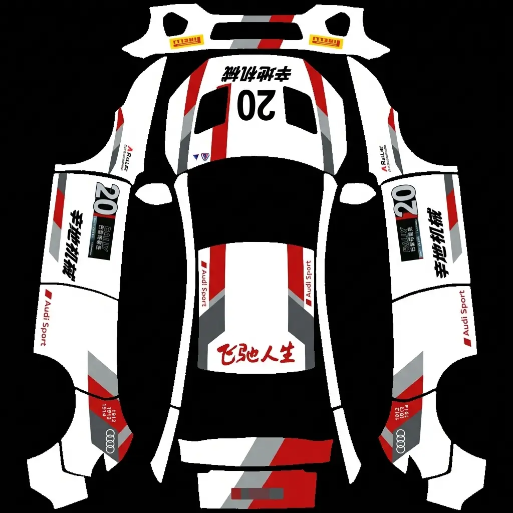 Pegasus Rally Championship Racer Livery Tesla Model Y Juniper Premium wrap texture - Gritty cinematic rally race car wrap presenting a pure white foundation wrapped in dynamic scarlet r