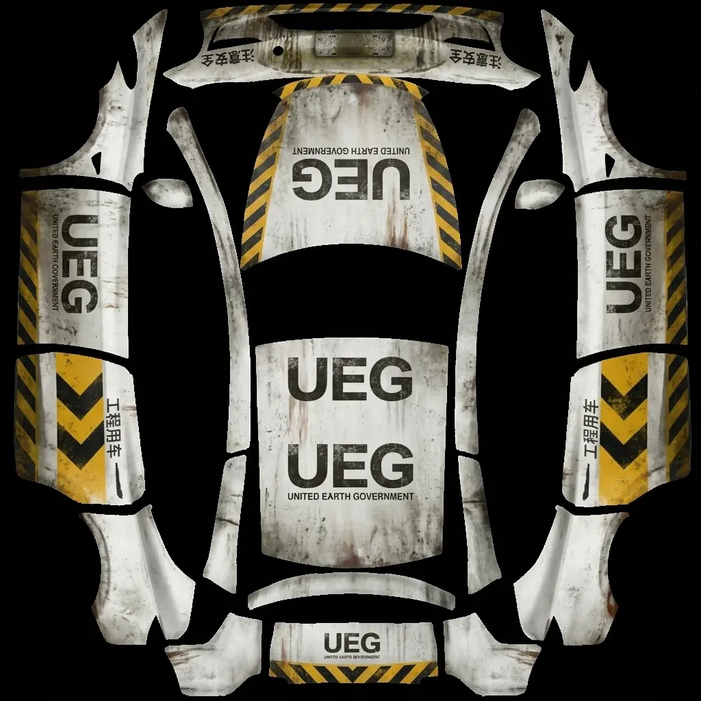 UEG Weathered Expedition Transport Tesla Model Y L wrap texture - Create a weathered white sci-fi engineering vehicle wrap with large UEG lettering on the hood and do